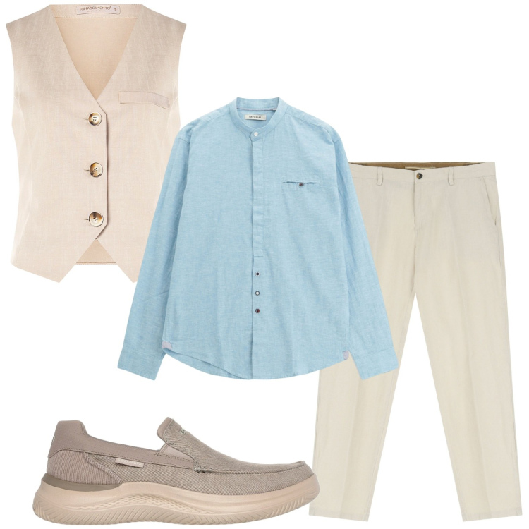 Outfit uomo - Gilet estivo. Stile Casual per Ufficio. Abbinamento con gilet, camicie, pantaloni chino, sneakers.