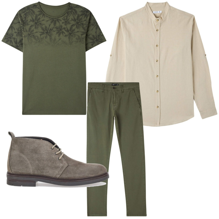 Outfit uomo - La t-shirt verde oliva. Stile Casual per Tutti i giorni. Abbinamento con camicie, t-shirt, pantaloni chino, stivali e stivaletti.