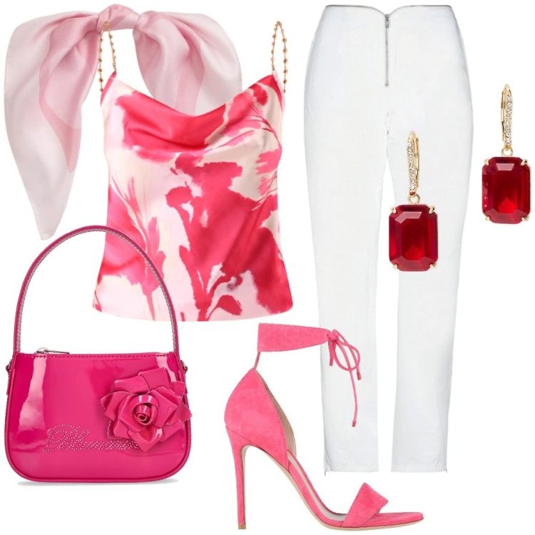 Outfit donna - Cerimonia informale. Stile Chic per Cerimonia. Abbinamento con sandali in pelle, pantaloni, canottiere, orecchini, foulard, borse a mano.