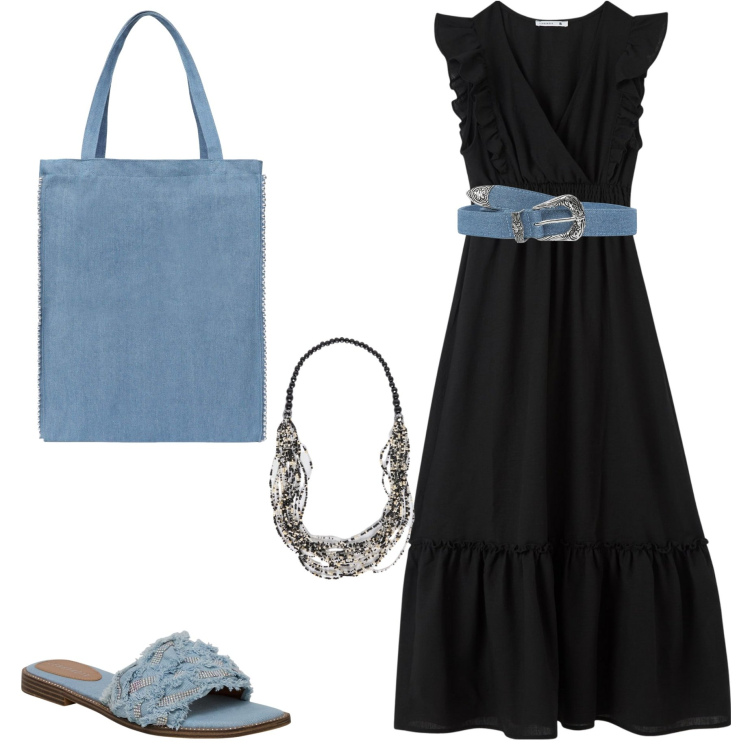 Outfit donna - In città. Stile Casual chic per Tutti i giorni. Abbinamento con cinture, borse tote, vestiti lunghi, ciabatte, collane.