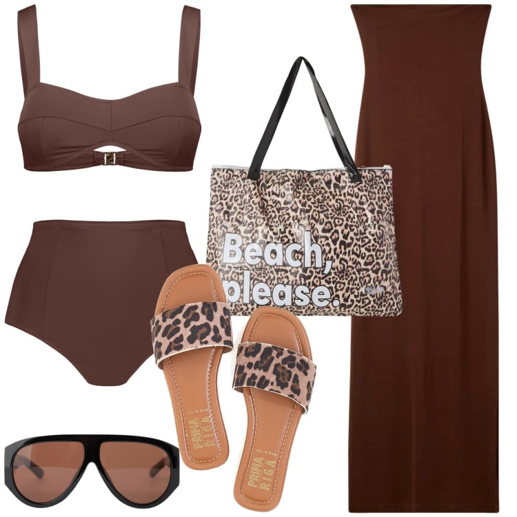 Outfit donna - Beach please. Stile Sexy per Mare. Abbinamento con borse tote, vestiti lunghi, occhiali da sole, bikini, ciabatte.