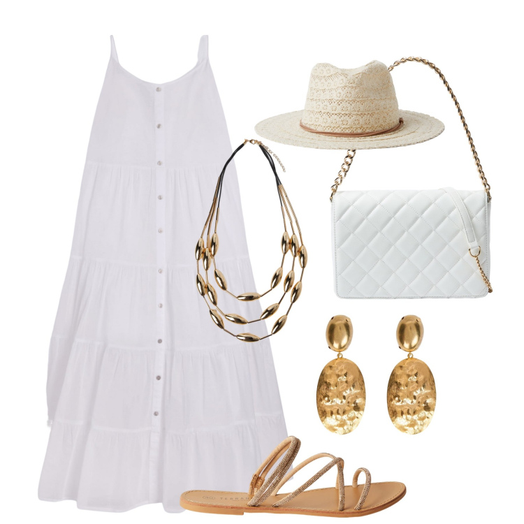 Outfit donna - Chemisier maxi bianco. Stile Basic per Tutti i giorni. Abbinamento con vestiti lunghi, cappelli, borse a tracolla, sandali, orecchini, collane.