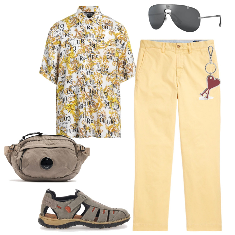 Outfit uomo - Total look #2177058. Abbinamento con occhiali da sole, camicie a manica corta, pantaloni, sandali, borse sportive, portachiavi.