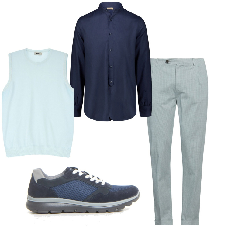 Outfit uomo - Gilet e camicia. Stile Casual per Tutti i giorni. Abbinamento con pantaloni chino, maglieria, camicie, sneakers.