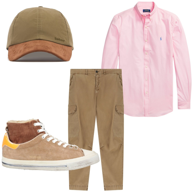 Outfit uomo - La camicia classica. Stile Casual per Ufficio. Abbinamento con sneakers alte, pantaloni cargo, camicie, cappelli con visiera.