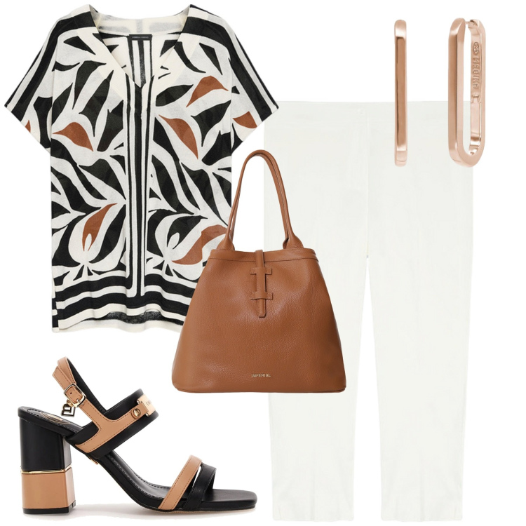 Outfit donna - Urban style. Stile Urban per Tutti i giorni. Abbinamento con orecchini, borse tote, bluse, pantaloni, sandali col tacco.
