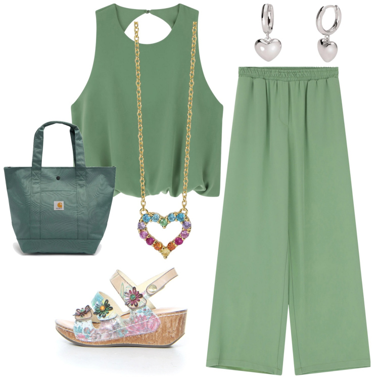 Outfit donna - Total look #2177075. Abbinamento con collane, orecchini, pantaloni a palazzo, top, borse tote, sandali.