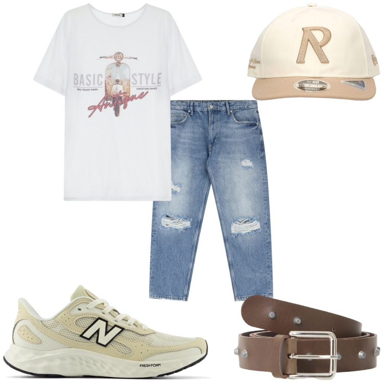 Outfit uomo - Jeans per la giornata. Stile Casual per Tutti i giorni. Abbinamento con sneakers, jeans strappati, cinture, t-shirt, cappelli.