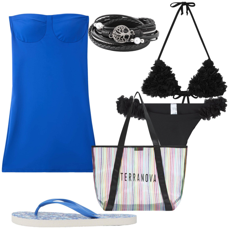 Outfit donna - Terranova nella solita spiaggia. Stile Glamour per Mare. Abbinamento con braccialetti, vestiti, infradito, bikini, shopping bag, bikini.