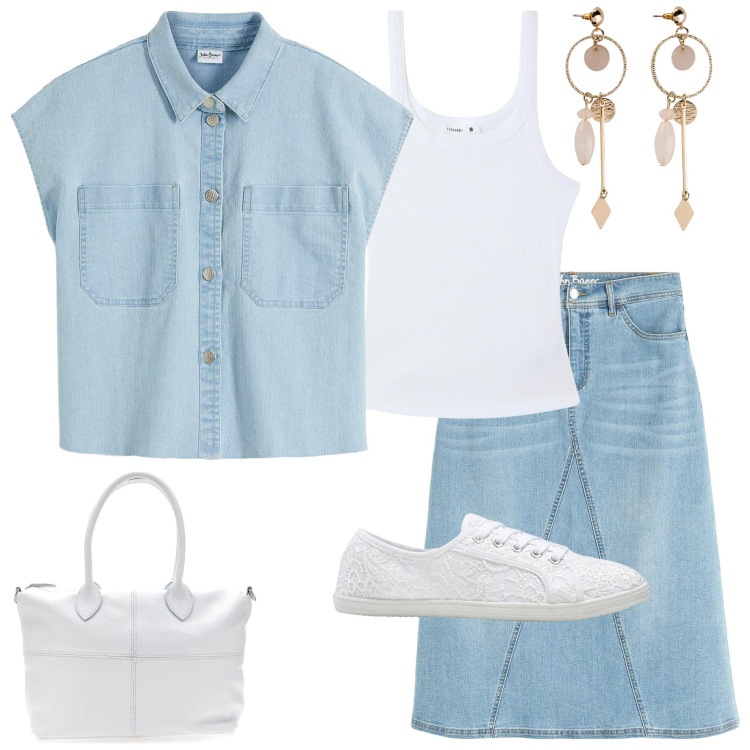 Outfit donna - Casual style. Stile Casual per Scuola/Università. Abbinamento con gonne, sneakers, camicie, orecchini, canottiere, borse a mano.