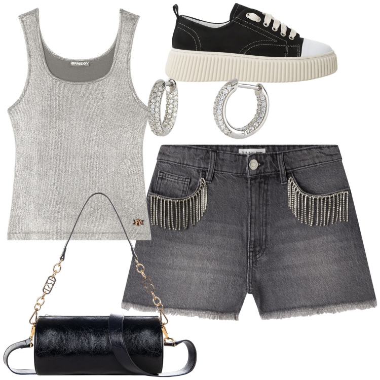 Outfit donna - Aperitivo. Stile Casual chic per Serata fuori. Abbinamento con shorts, orecchini, borse a mano, sneakers, canottiere.