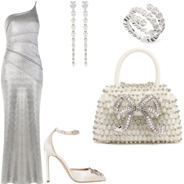 Outfit donna - Matrimonio sotto le stelle. Stile Chic per Cerimonia. Abbinamento con décolleté, vestiti lunghi, orecchini, borse a mano, anelli.