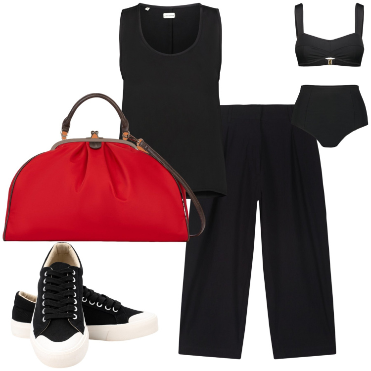 Outfit donna - Doppelganger and the beach. Stile Basic per Mare. Abbinamento con bikini, top, sneakers, pantaloni, borse a spalla.