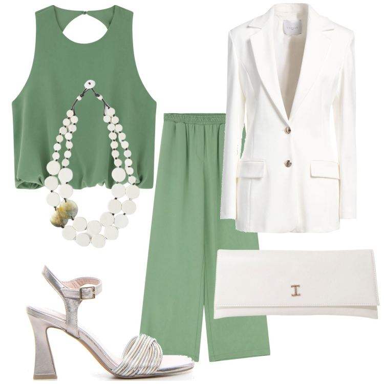 Outfit donna - Cerimonia a giugno. Stile Chic per Cerimonia. Abbinamento con blazer, pantaloni a palazzo, top, pochette, ciondoli, sandali col tacco.