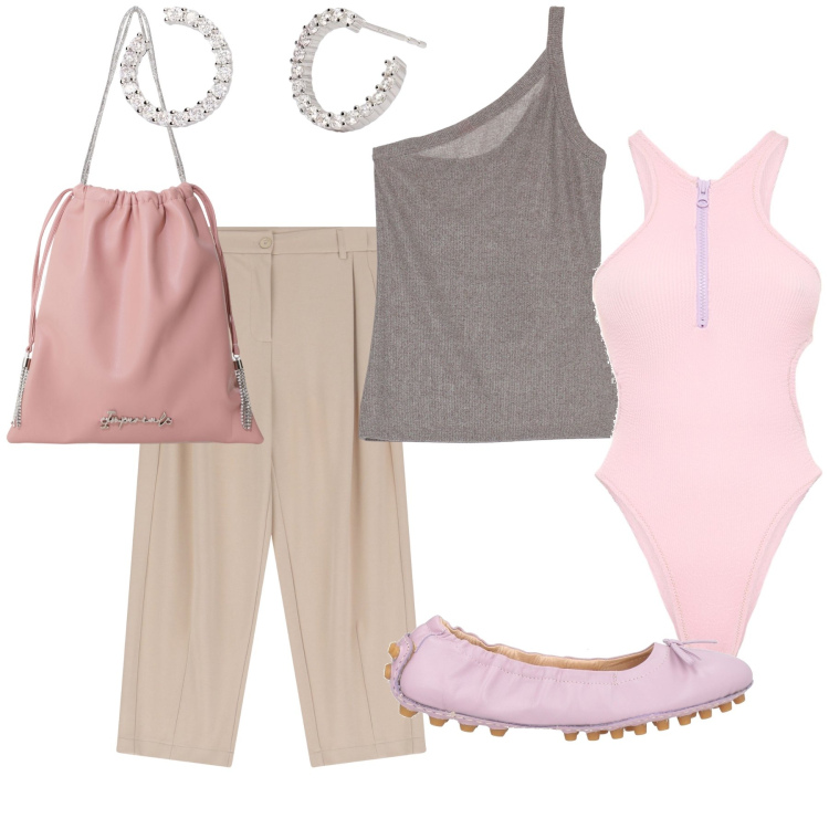 Outfit donna - Passeggiata dopo il bagno. Stile Bon Ton per Mare. Abbinamento con ballerine, orecchini, borse a secchiello, pantaloni, top, costumi interi.