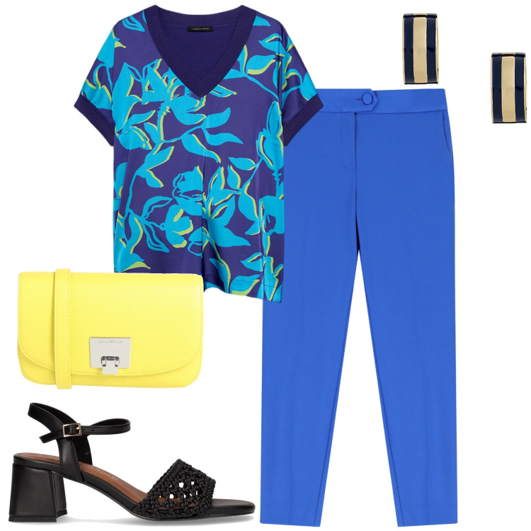 Outfit donna - City. Stile Urban per Tutti i giorni. Abbinamento con borse a tracolla, pantaloni, orecchini, bluse, sandali col tacco.