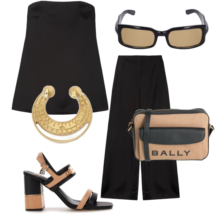 Outfit donna - Serata in giugno. Stile Trendy per Serata fuori. Abbinamento con borse a tracolla, top, sandali col tacco, orecchini, pantaloni a palazzo, occhiali da sole.