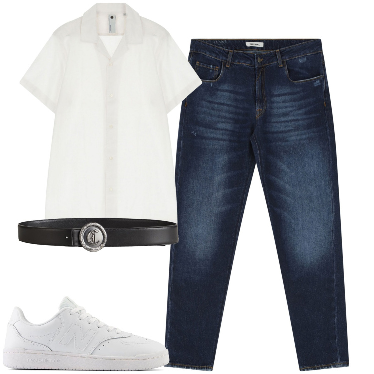 Outfit uomo - Jeans e camicia. Stile Casual per Serata speciale. Abbinamento con cinture, jeans dritti, camicie a manica corta, sneakers.