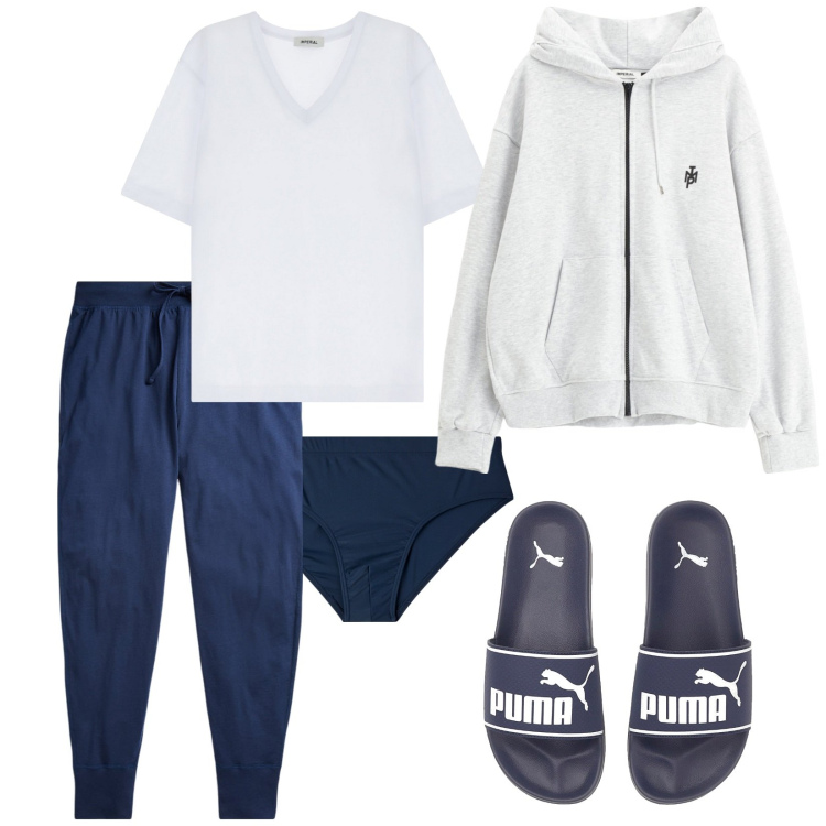 Outfit uomo - Stasera resto a casa. Stile Casual per Tutti i giorni. Abbinamento con costumi, felpe con cappuccio, t-shirt, pantaloni, sandali.