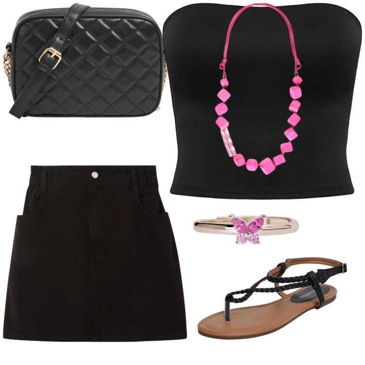 Outfit donna - Fucsia. Stile Trendy per Tutti i giorni. Abbinamento con ciabatte, top, minigonne, borse a tracolla, anelli, collane.