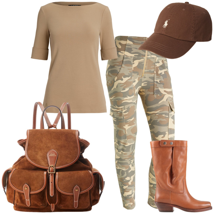 Outfit donna - Military chic. Stile Military per Tutti i giorni. Abbinamento con stivali, pantaloni cargo, zaini, cappelli, t-shirt.