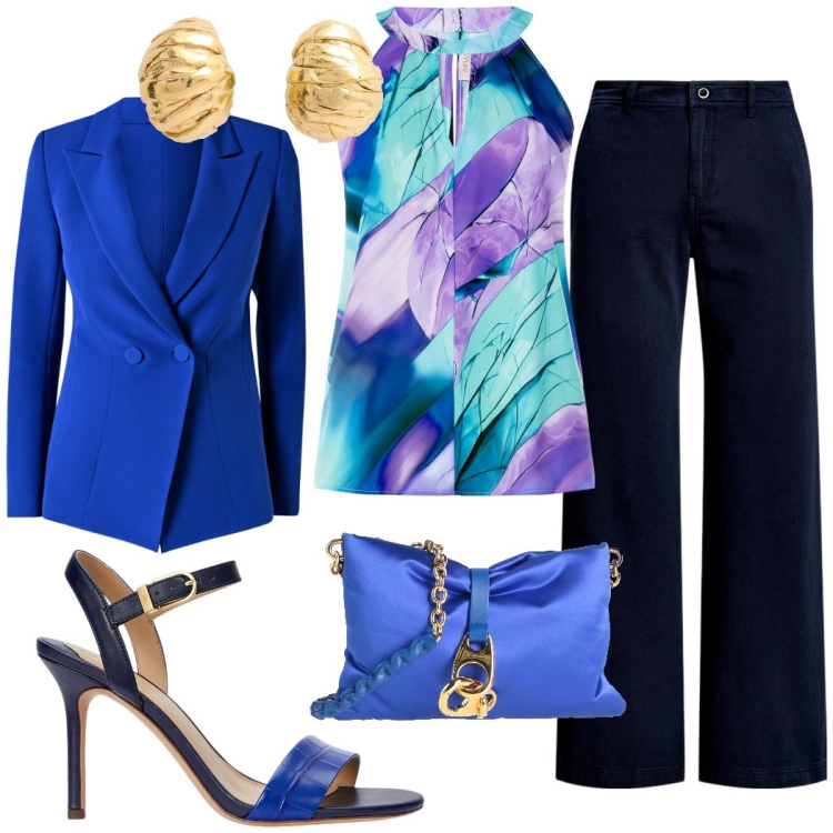 Outfit donna - Cerimonia elegante. Stile Chic per Cerimonia. Abbinamento con borse a tracolla, top, blazer, pantaloni, sandali in pelle, orecchini.
