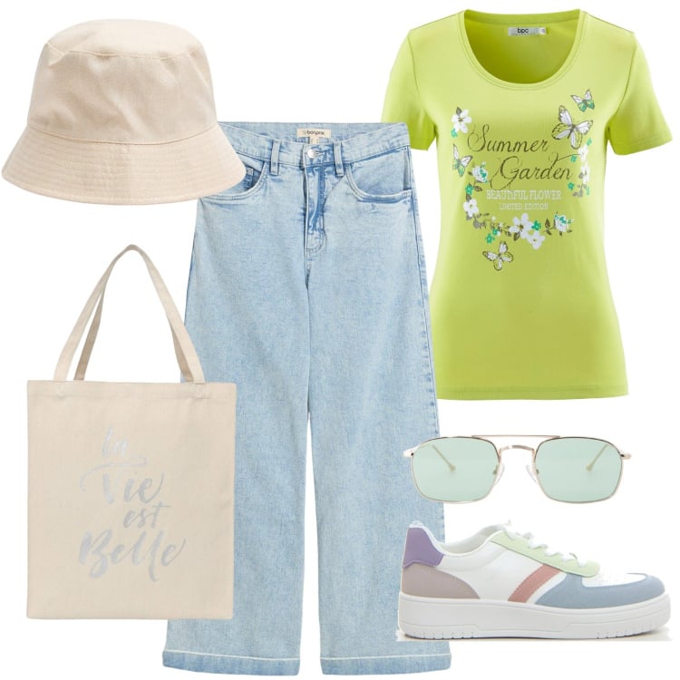 Outfit donna - Una t-shirt e via. Stile Basic per Tutti i giorni. Abbinamento con t-shirt, jeans, borse tote, cappelli, occhiali da sole, sneakers.