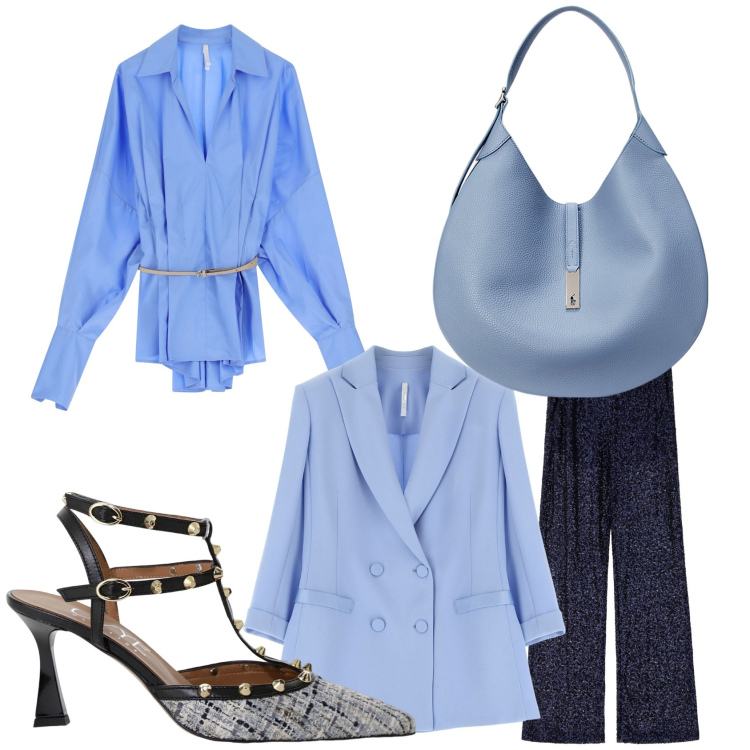 Outfit donna - Ufficio elegante. Stile Chic per Ufficio. Abbinamento con camicie, pantaloni a palazzo, blazer, décolleté, borse a spalla.