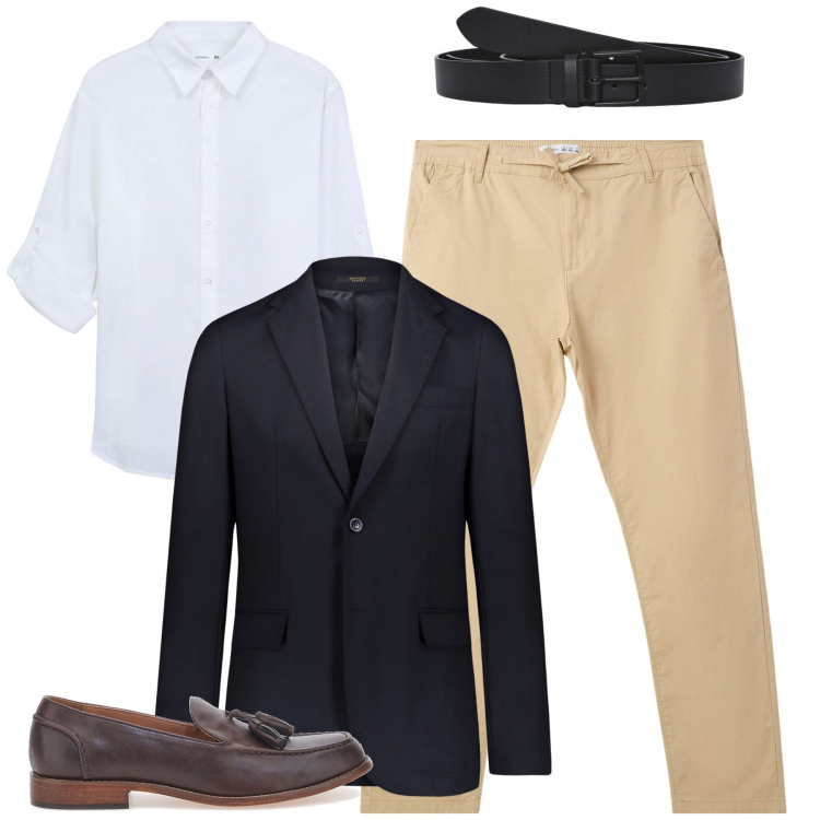 Outfit uomo - In ufficio. Stile Business/Elegante per Ufficio. Abbinamento con pantaloni chino, camicie, cinture, giacche, scarpe stringate.
