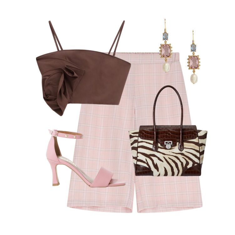 Outfit donna - Checks & animalier!. Stile Casual chic per Tutti i giorni. Abbinamento con shorts, top, sandali col tacco, borse a mano, orecchini.