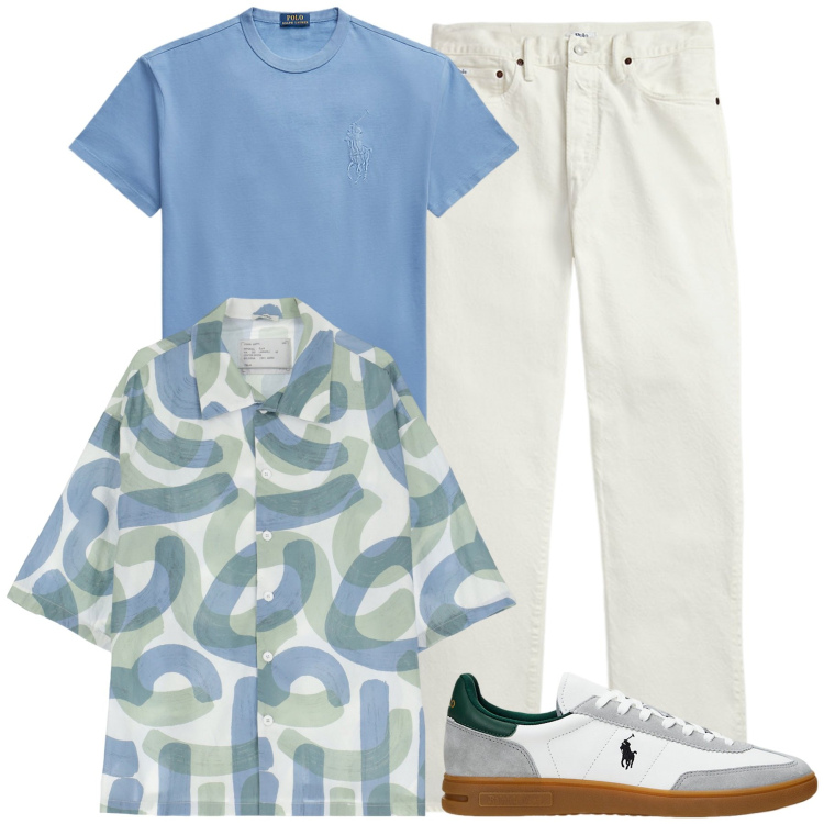 Outfit uomo - City. Stile Trendy per Tutti i giorni. Abbinamento con camicie a manica corta, jeans dritti, sneakers, t-shirt.
