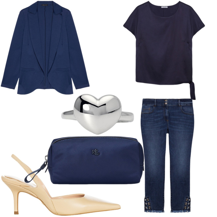 Outfit donna - Total look versatile. Stile Basic per Tutti i giorni. Abbinamento con anelli, décolleté, pochette, jeans skinny, bluse, blazer.