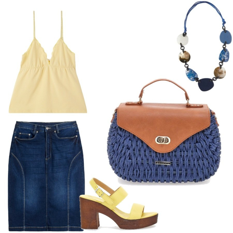 Outfit donna - La borsa a mano. Stile Casual chic per Tutti i giorni. Abbinamento con gonne, canottiere, zoccoli, borse a tracolla, collane.