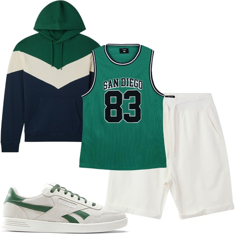 Outfit uomo - Total look #2177138. Stile Casual per Sport. Abbinamento con pantaloni corti, t-shirt sportive, felpe con cappuccio, sneakers.