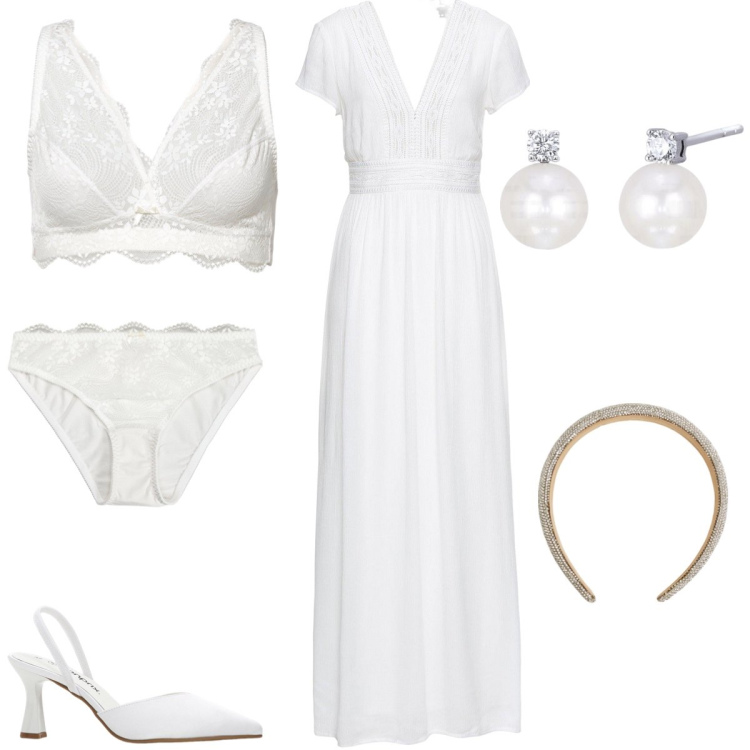 Outfit donna - Sposa di giugno. Stile Romantica per Cerimonia. Abbinamento con vestiti lunghi, culotte, jeans skinny blu, décolleté, cerchietti, orecchini.