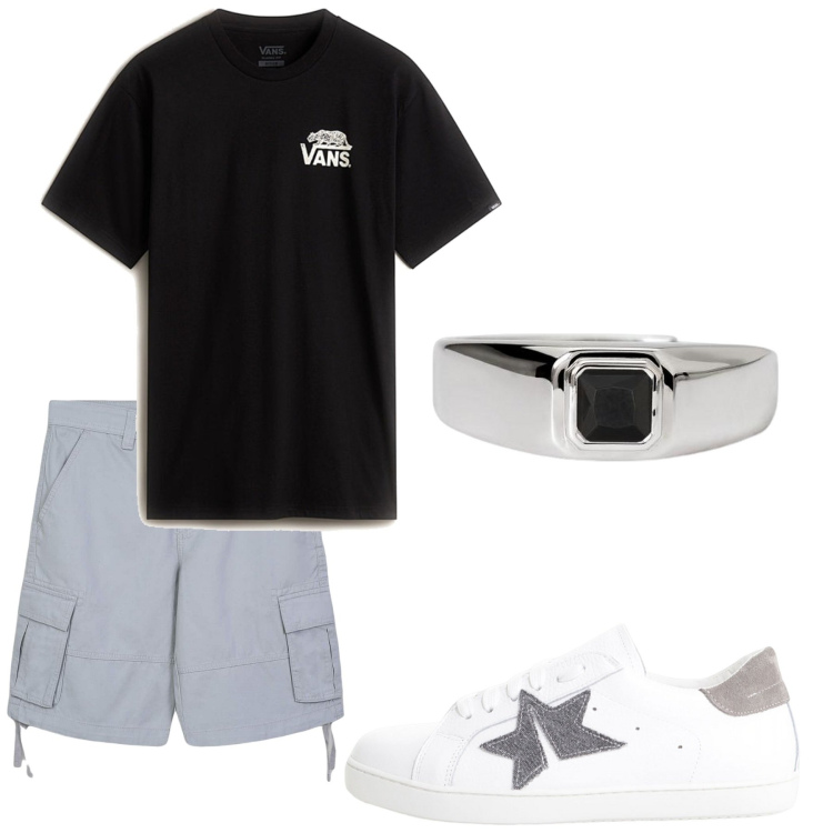 Outfit uomo - Grigio. Stile Casual per Tutti i giorni. Abbinamento con sneakers, bermuda, anelli, t-shirt.