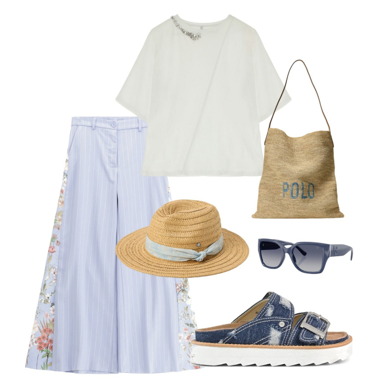 Outfit donna - Weekend!. Stile Casual per Mare. Abbinamento con pantaloni, t-shirt, occhiali da sole, borse tote, cappelli, sandali.