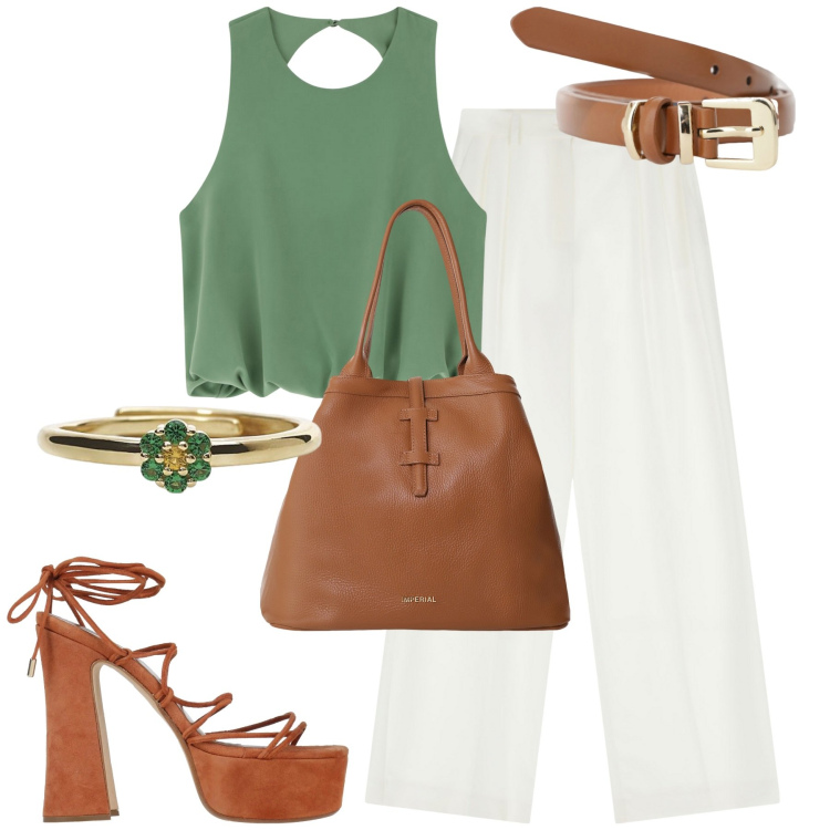 Outfit donna - City. Stile Urban per Tutti i giorni. Abbinamento con sandali in pelle, anelli, cinture, top, pantaloni, borse tote.