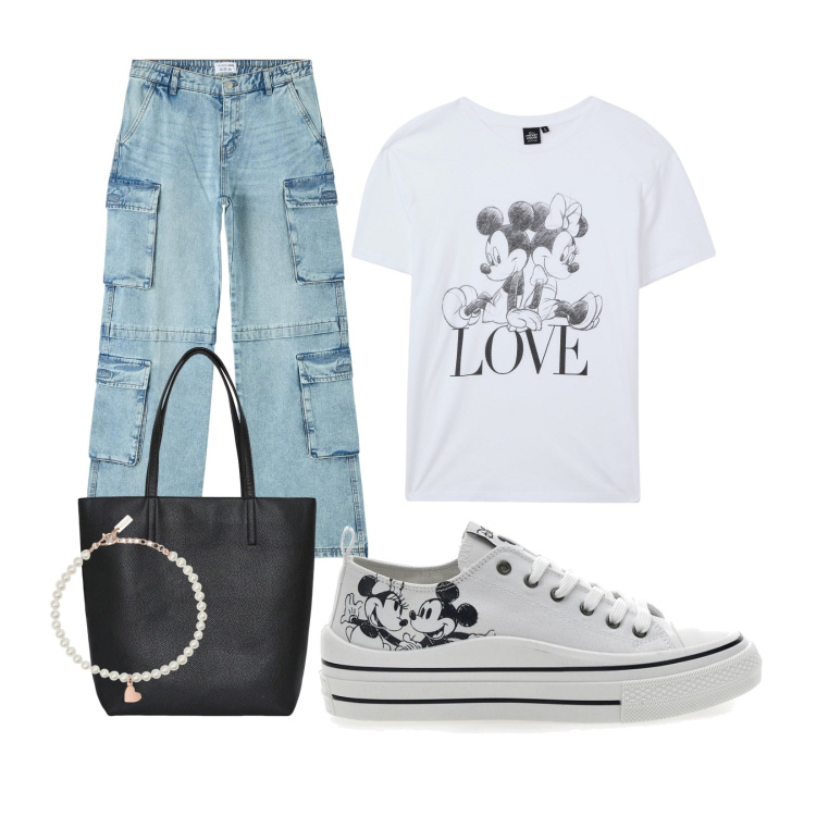 Outfit donna - ️Topolino e Minnie️. Stile Casual per Tutti i giorni. Abbinamento con borse tote, t-shirt, jeans, braccialetti, sneakers.