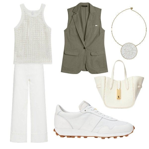 Outfit donna - linea 2. Stile Urban per Tutti i giorni. Abbinamento con collane, top, gilet, sneakers, borse tote, jeans.