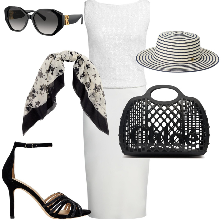 Outfit donna - Diva. Stile Chic per Mare. Abbinamento con vestiti midi/longuette, occhiali da sole, cappelli, sandali in pelle, foulard, borse a mano.