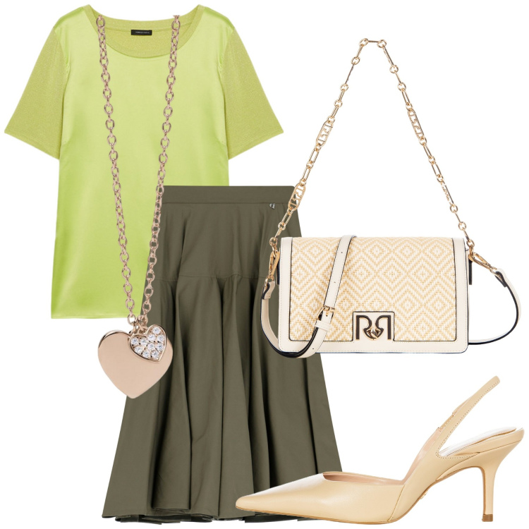 Outfit donna - Special lime. Stile Glamour per Ufficio. Abbinamento con décolleté, borse a tracolla, ciondoli, gonne lunghe, t-shirt.