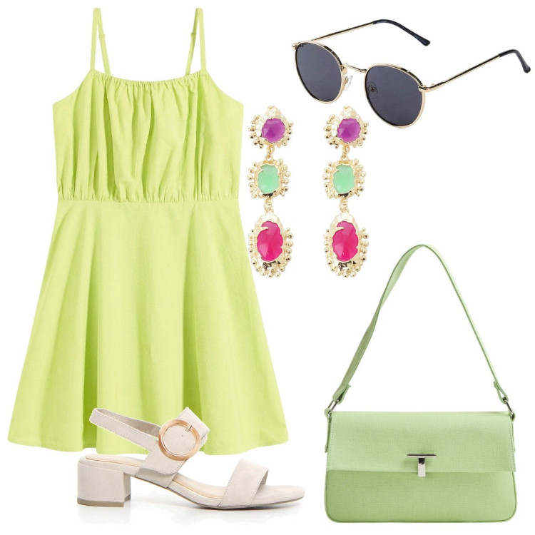 Outfit donna - Speciale Verde Lime. Stile 70s per Tutti i giorni. Abbinamento con vestiti corti, occhiali da sole, borse a spalla, orecchini, sandali col tacco.
