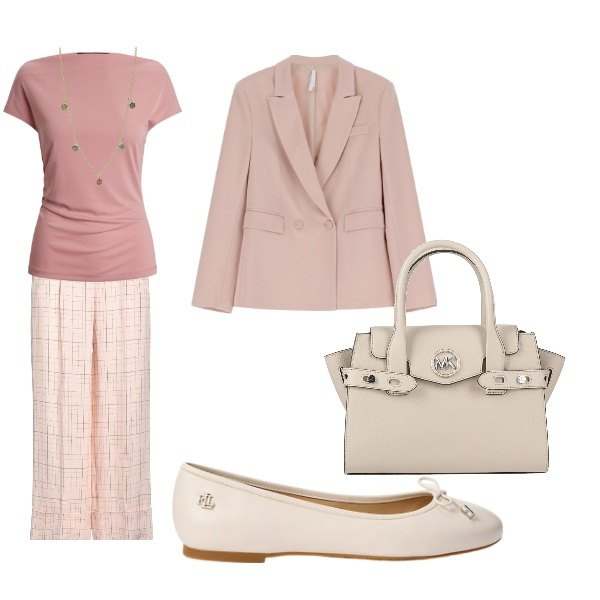 Outfit donna - profumo di fragole. Stile Basic per Tutti i giorni. Abbinamento con pantaloni, borse a mano, ciondoli, blazer, t-shirt, ballerine.