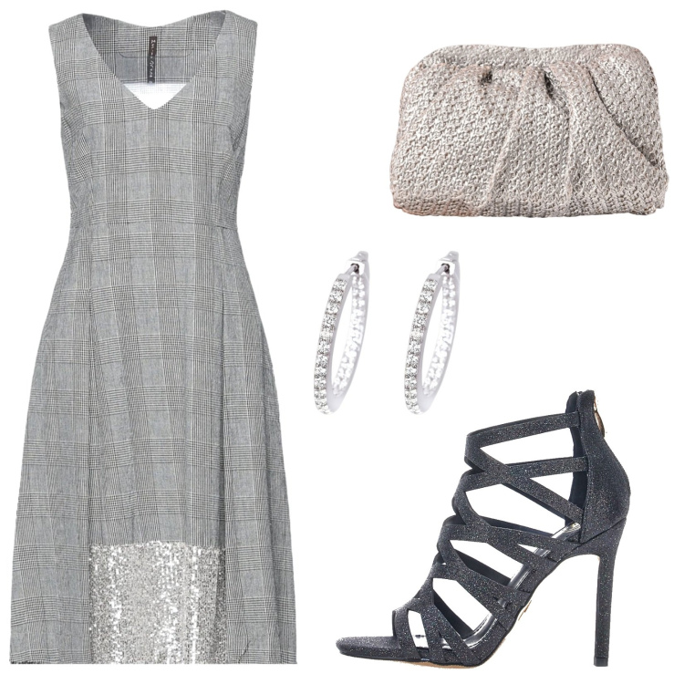 Outfit donna - Principe di Galles e paillettes. Stile Chic per Serata fuori. Abbinamento con vestiti midi/longuette, orecchini, clutch, sandali col tacco.