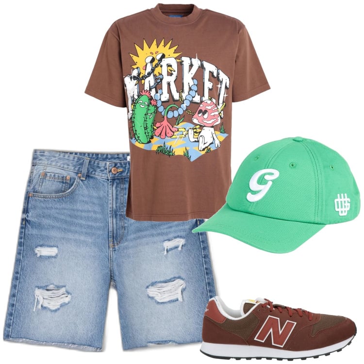 Outfit hombre - Urban #3005. Estilo Urban para Todos los días. Combinación con camiseta, bermudas, sneakers, sombreros o gorros con visera.