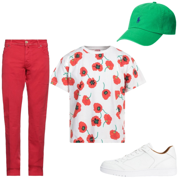 Outfit uomo - 2 giugno Festa della Repubblica. Stile Casual per Tutti i giorni. Abbinamento con pantaloni, t-shirt, cappelli, sneakers.