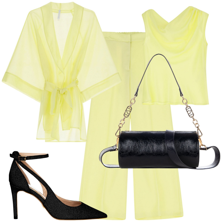 Outfit donna - Serata. Stile Glamour per Serata fuori. Abbinamento con décolleté, borse a mano, pantaloni, kimono, top.