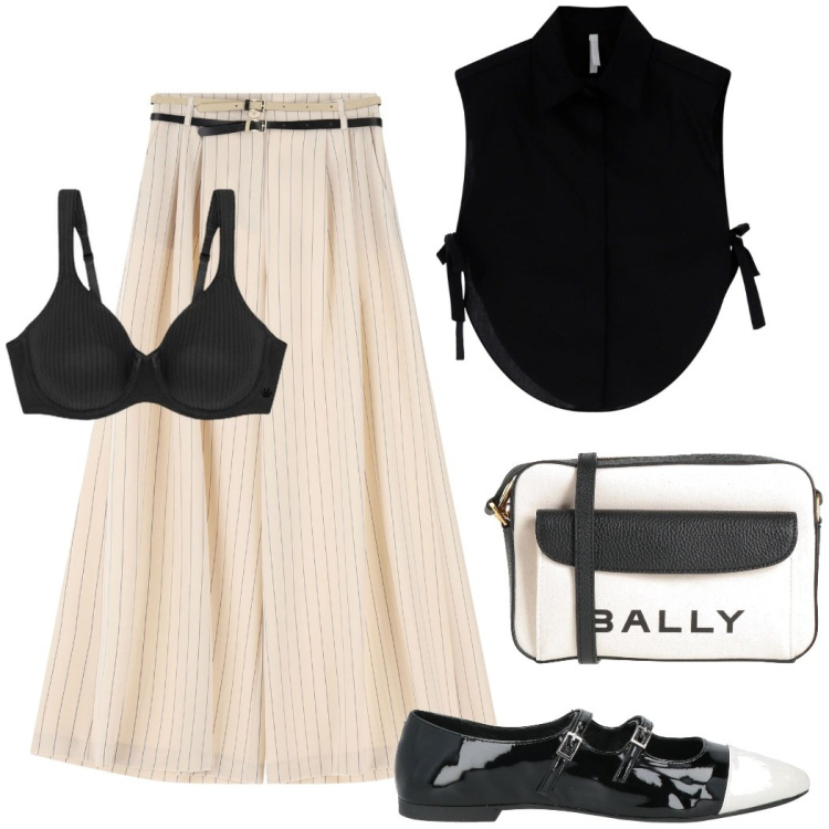 Outfit donna - Bicolore per l\' happy hour. Stile Casual chic per Serata fuori. Abbinamento con ballerine, borse a tracolla, camicie, pantaloni a palazzo, reggiseni.