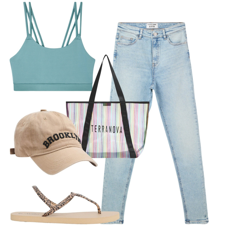 Outfit donna - Casual. Stile Casual per Tutti i giorni. Abbinamento con jeans skinny, cappelli, shopping bag, canottiere, ciabatte.